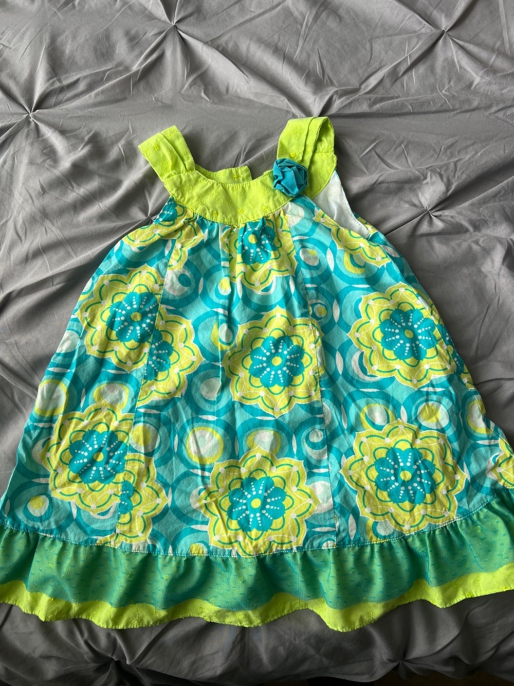 Penelope Mack Turquoise & Lime Floral Sundress with Rosette Detail